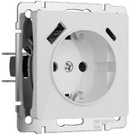 Розетка с заземлением, шторками и USB Type A+С 16A/3А/250В, винтовой зажим Werkel, белый акрил, Werkel