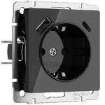 Розетка с заземлением, шторками и USB Type A+С 16A/3А/250В, винтовой зажим Werkel, черный акрил, Werkel